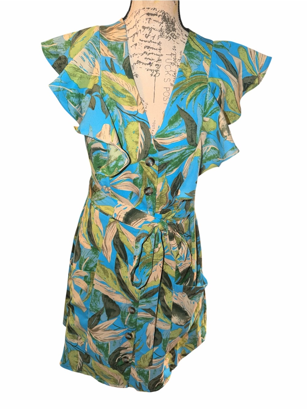 Blue Tropical Print Ruffle Wrap Swim Cover-Up Dress